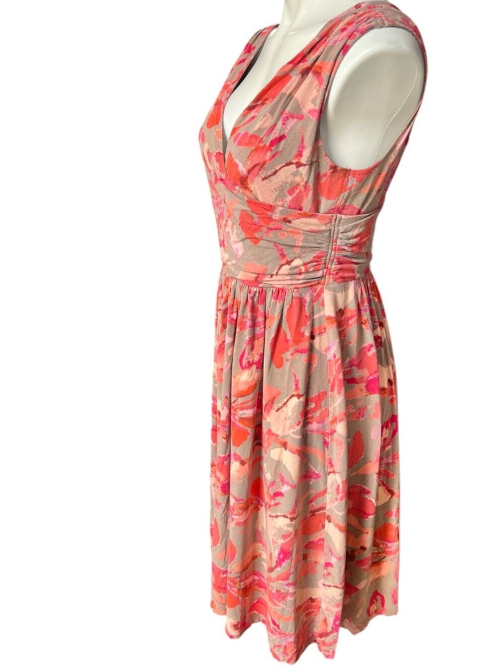 Ann Taylor Coral & Beige Abstract Print Sleeveless V-Neck Midi Dress Size M - Picture 4 of 10